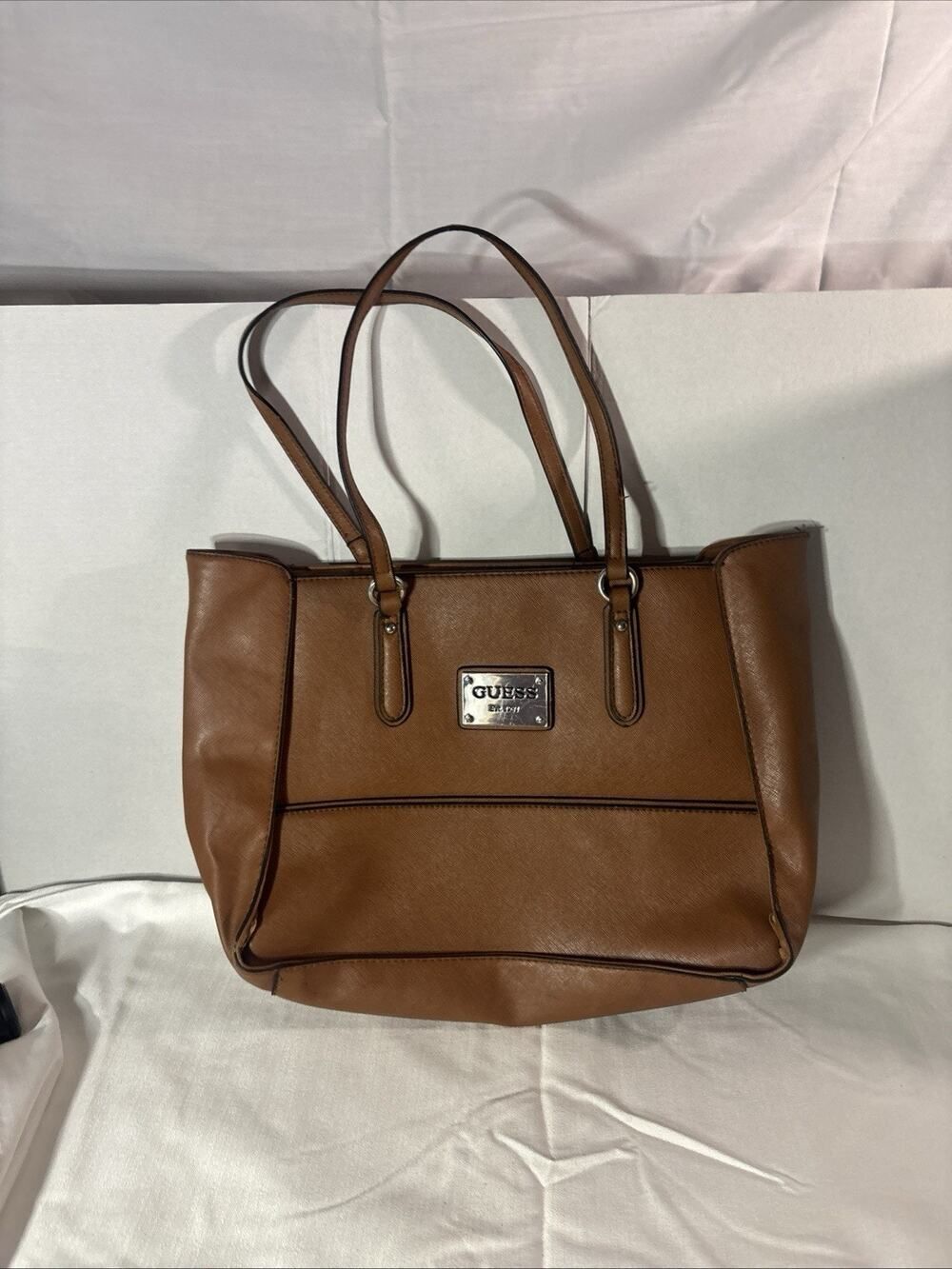 GUESS Cognac Tan Saffiano Style Tote Bag Shoulder Bag Leopard Print Lining